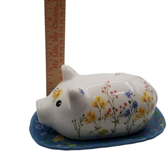 Covered Butter Dish Floral Pig Ceramic Farmhouse Country Cottagecore Chipped - Picture 9 of 13